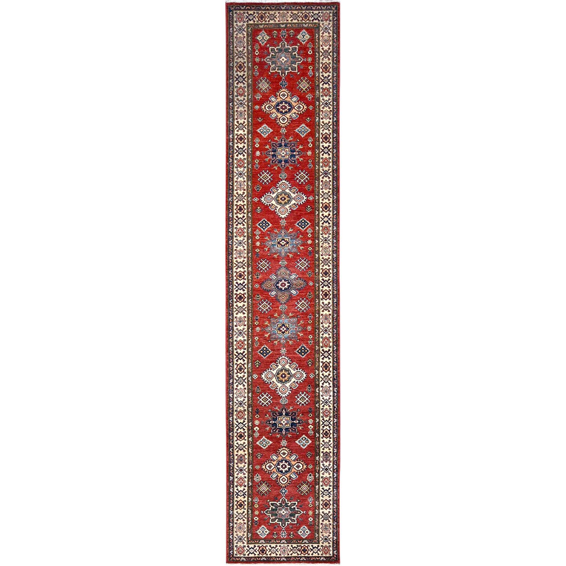 Heritage Red, Afghan Super Kazak, Geometric Medallions Design, Organic Dyes, Denser Weave, Hand Knotted, Soft and Shiny Wool,  Runner Oriental Rug